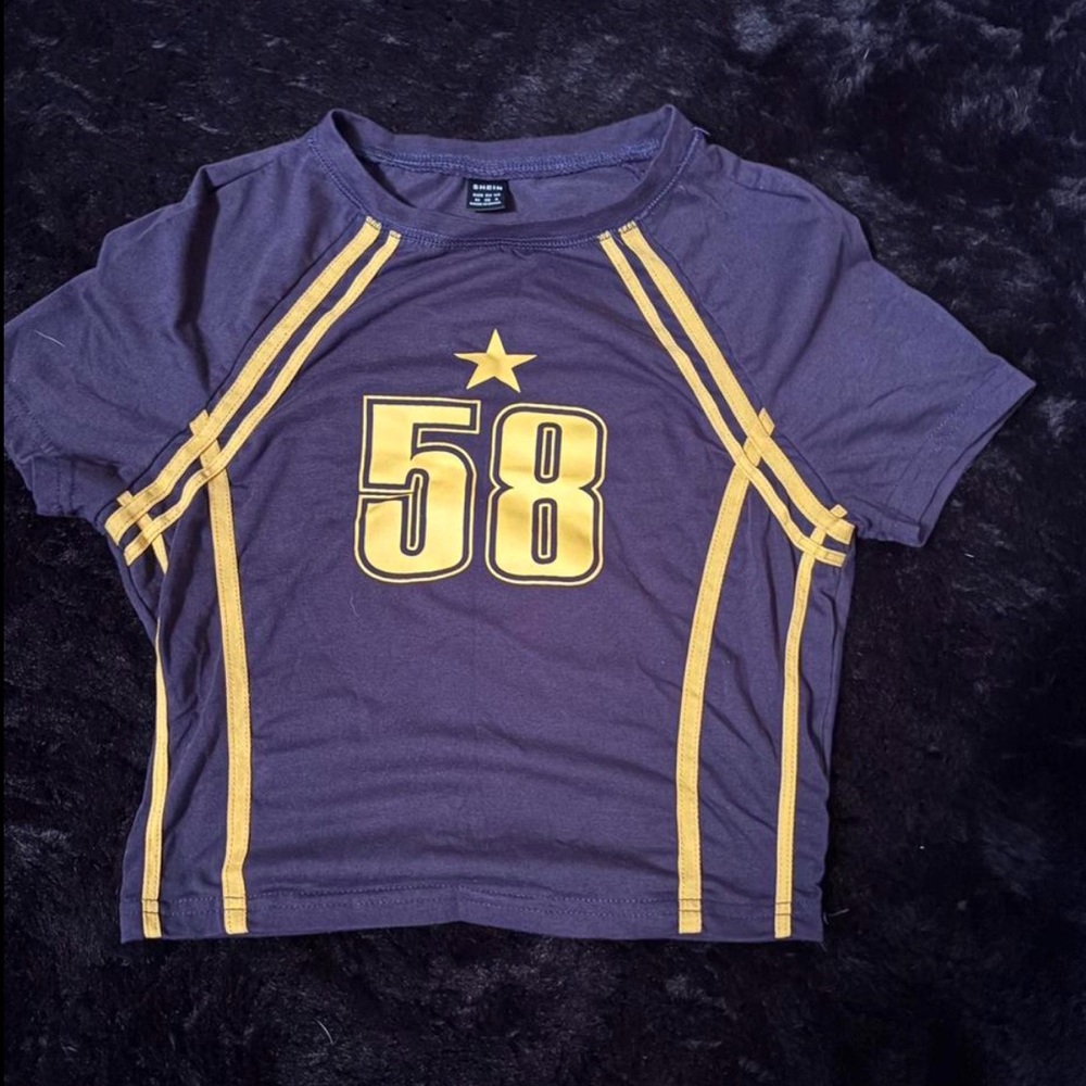 SHEIN Purple and Yellow Crop Top with Athletic Design